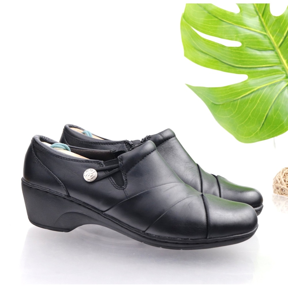 Clarks Womens Channing Ann Shoes Size 9 Black Leather Wedge Zip Comfort Loafer